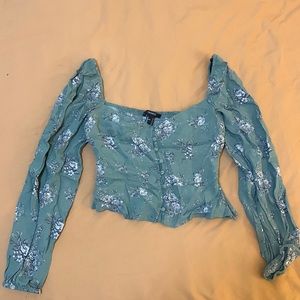 Peasant Blouse Crop Top, Green Floral